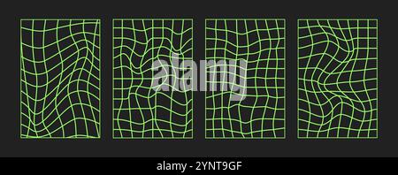 Psychedelisches Schachbrett. Verlaufswellen grooviger Hintergrund. Neon-Hippie-Tapete im Y2K-Stil. Illustration des Retro-Vektors. Linear verzerrt geometrisch Stock Vektor