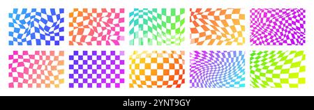 Psychedelisches Schachbrett. Verlaufswellen grooviger Hintergrund. Neon-Hippie-Tapete im Y2K-Stil. Illustration des Retro-Vektors. Verzerrtes geometrisches Muster Stock Vektor