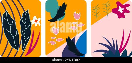 Jedes Panel verfügt über ein einzigartiges Arrangement aus stilisierten Blättern, Blumen und geometrischen Formen in einer kräftigen Farbpalette Stock Vektor