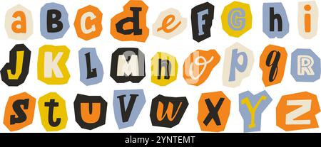 Papierkorrektur. Buntes Collage-Set mit verschiedenen Buchstaben. Niedliches Bastelkritzel Kid Schriftelemente Bundle für Dekoration, Poster, Banner, Druck. Ransom STYLE abc Pack. Vektor Stock Vektor