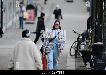 Hässleholm, Skåne, Schweden. November 2024. Frau auf der Straße. Stockfoto