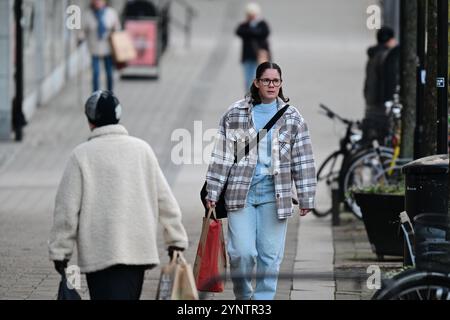 Hässleholm, Skåne, Schweden. November 2024. Frau auf der Straße. Stockfoto