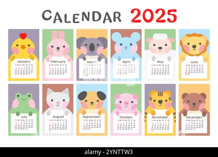 2025 süße Tierkalender-Vorlage. Monatsplaner für Kinder. Stock Vektor