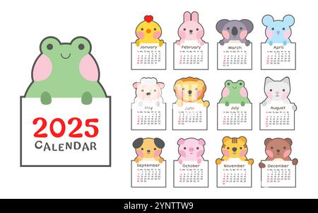 2025 süße Tierkalender-Vorlage. Monatsplaner für Kinder. Stock Vektor