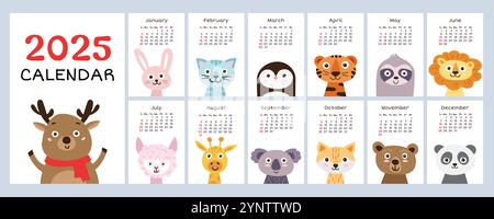 Kalender 2025 mit niedlichen Tieren. Jahresplaner-Kalender mit allen Monaten. Stock Vektor