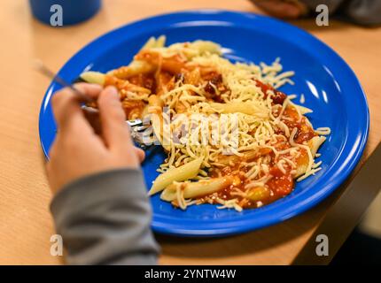 Berlin, Deutschland. November 2024. Ein Kind hat Chili sin Carne auf dem Teller beim Schulessen. Quelle: Jens Kalaene/dpa/Alamy Live News Stockfoto