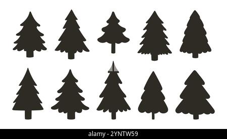 Einfache Weihnachtsbaumsilhouette auf weißem Hintergrund. Schwarz-weiße Vektor-Iconkollektion mit Kiefernsilhouette Stock Vektor