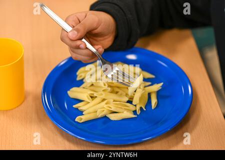 Berlin, Deutschland. November 2024. Nur ein Kind hat Pasta und Käse auf seinem Teller beim Schulessen. Quelle: Jens Kalaene/dpa/Alamy Live News Stockfoto