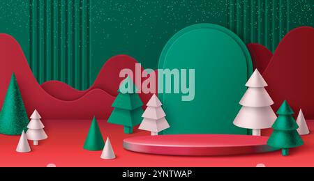 Weihnachtsszene mit kreisförmigem Podium, umgeben von geometrischen grünen und weißen Kiefern, grünem Bogen und Wellen an der Wand. Rundplattform für saisonale Produktpräsentationen und Weihnachtsaktionen. Stock Vektor