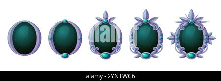 Spielranking-System mit silbernen Rahmen und grünen Kristallen. Der Fortschritt der Auszeichnungen von einfach bis komplex mit floralen Mustern, geschwungenen Elementen und dekorativen Spitzen. Fantasy rpg Achievement Interface. Stock Vektor