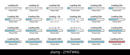 Prozentsatz des Ladevorgangs von Infografiken mit rechteckigem Balken, der von 0 bis 100 Prozent mit einer Differenz von 5 % in blauer Farbe voranschreitet. Beladung rechteckiger Stangen. Stock Vektor
