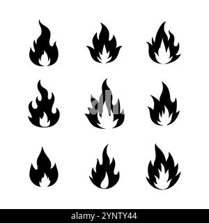 Feuer-Illustration Design in flachem Stil, Satz von Feuer Vektor-Symbole. Feuerwarnschild mit weißem Hintergrund. Stock Vektor