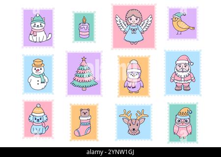 Satz Briefmarken mit Charakteren zur Weihnachtsfeier. Stock Vektor