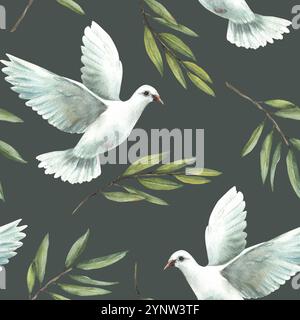Nahtloses Muster von Tauben und grünen Olivenzweigen. Weißer fliegende Taubenvogel, Symbol des Friedens. Aquarell handgezeichnete Illustration für christliche Religion Stockfoto