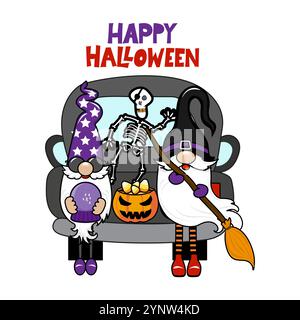 Happy Halloween - Pickup Truck liefert Gnome. Design für Märkte, Restaurants, Flyer, Karten, Einladungen, Aufkleber, Banner. Niedlicher handgezeichneter Heurid Stock Vektor