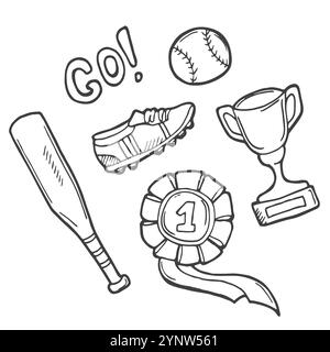 Set sportlicher Symbole im Doodle-Stil. Baseballausrüstung, Schutzausrüstung, Snacks und Cocktails, Gewinnerpreise. Stock Vektor