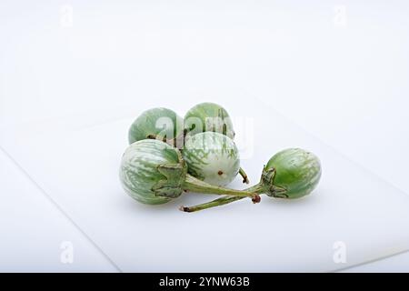 Gesunde pflanzliche grüne runde Aubergine fotografiert auf weißem Hintergrund und Basis Stockfoto