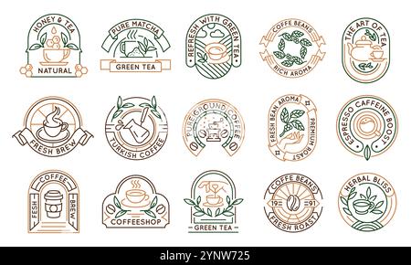 Set mit 15 Logo-Symbolen für Tee und Kaffee Stock Vektor