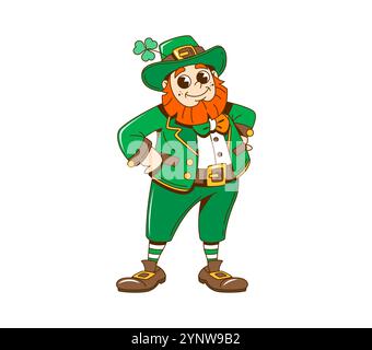 Cartoon Retro grooviger Kobold Charakter für Saint Patrick Day, Vektor lustige Persönlichkeit. Irischer Weihnachtsfeiertag: Der Leprechaun mit Kleeblatt im Hut im Retro-Cartoon des irischen Festivals Stock Vektor