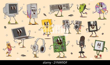 Cartoon-groovige Computergeräte, Retro-Charaktere von pc-Gadgets und elektronische Geräte für Laptops. Vektor psychedelische Desktop-Computer-Tastatur, grooviger Monitor, usb, Maus und Mikrofon-Persönlichkeiten Stock Vektor