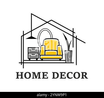 Inneneinrichtung und Inneneinrichtung, Möbel ikonisch. Minimales Vektorzeichen, geometrisches Symbol oder Piktogramm für Makler oder Architekten oder Bauagenturen mit bequemem Sessel, Lampe, Schränken und Pflanzen Stock Vektor
