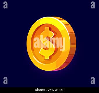 Golden Dollar Münzspiel-Asset. Isolierter Karikaturvektor kreisförmige US-Währung aus Goldlegierung mit ikonischem amerikanischem Symbol. Geld, Belohnung, Bonus, goldene Münze mit eingeprägtem Dollarzeichen Stock Vektor