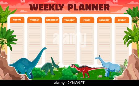 Wochenplaner Zeitplan, Zeichentrickfilm lustige prähistorische Dinosaurier im Dschungel Wald Vektor Hintergrund Rahmen. Tagesplan, Wochenkalender oder Planer, niedliche Brontosaurus-, Chasmosaurus- und Carnotaurus-Dinos Stock Vektor