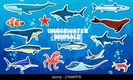 Zeichentrickfilm Unterwassertier- und Fischaufkleber, Vektormeere und Meereslebewesen. Blau- und Pottwale, Tintenfische, Haie und Seesterne, Stachelrochen, Robben und Narwale, Lachs, Marlin, Hecht und Garnelen unter Wasser Stock Vektor