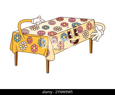 Cartoon-Tisch groovige Möbel mit farbenfroher Tischdecke mit leuchtenden Blumen und Friedenssymbolen. Isolierter Vektor-Retro-Wohngegenstand mit lächelndem Gesicht und Hippie-Funky-Vibe Stock Vektor