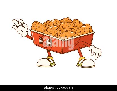 Cartoon groovige Box mit Chicken Nuggets Fast Food Charakter blinkt OK Geste. Isolierte Vektor-Retro-Hippie y2k-Snack-Persönlichkeit in trendigen Vintage-Sneakers und rotem Karton, die zum Fastfood-Café einladen Stock Vektor