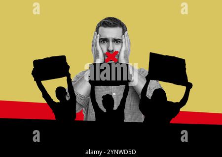 Collage 3D Bild von Pin-up Pop Retro Skizze von Rechten Protest Revolution stumm Mund Politik bizarr ungewöhnliche Fantasy Plakatwand Stockfoto