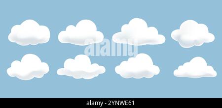 Illustration des Wolkenvektors. Abstraktes weißes wolkiges Set isoliert auf blauem Hintergrund Stockfoto