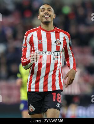 Sunderland, Großbritannien. November 2024. Wilson Isidor von Sunderland während des Sky Bet Championship Matches Sunderland gegen West Bromwich Albion im Stadium of Light, Sunderland, Vereinigtes Königreich, 26. November 2024 (Foto: Alfie Cosgrove/News Images) in Sunderland, Vereinigtes Königreich am 27. November 2024. (Foto: Alfie Cosgrove/News Images/SIPA USA) Credit: SIPA USA/Alamy Live News Stockfoto