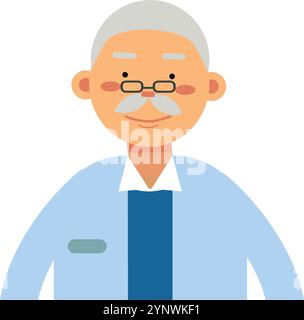 Ein Mann mit Brille und Schnurrbart lächelt. Er trägt ein blaues Hemd und eine Krawatte Stock Vektor