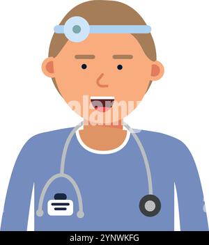 Ein Cartoon eines Mannes, der einen weißen Labormantel und ein Stethoskop trägt. Er lächelt und ist glücklich Stock Vektor