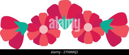 Ein Blumenarrangement mit drei roten Blüten und grünen Blättern. Die Blumen sind in einer Reihe angeordnet und haben unterschiedliche Größen. Das Arrangement ist colorfu Stock Vektor