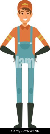 Ein Mann in einem blauen Overall und einem orangefarbenen Hut lächelt. Er steht mit den Händen auf den Hüften Stock Vektor