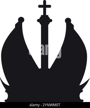 Ein Schwarzweißbild einer Krone mit einem Kreuz oben. Die Krone ist sehr hoch und hat eine sehr spitz zulaufende Spitze Stock Vektor