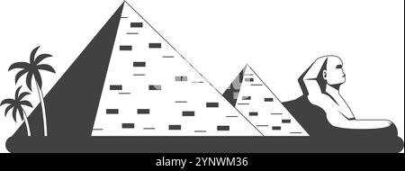 Eine schwarz-weiße Zeichnung der Pyramiden Ägyptens mit einem Mann, der auf einem Felsen im Vordergrund sitzt Stock Vektor