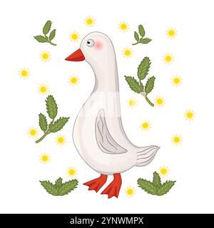 Gans auf weißem Hintergrund. Ente mit Blatt und Blumen. Bauernhofvogel im Stil von Happy Easter. Bauernhof- oder Bauernhoftier für Poster, Bücher oder Bildung. Vektor Stock Vektor