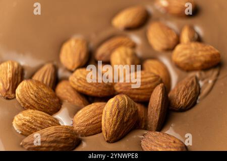 Mandelnüsse in geschmolzener Milchschokolade-Makro Stockfoto