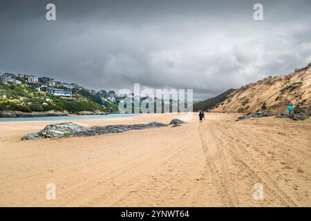 Felsen, die am Crantock Beach in Newquay in Cornwall in Großbritannien freigelegt wurden. Stockfoto