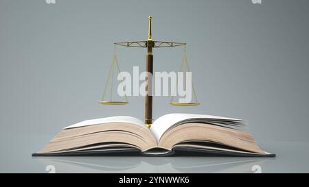 Rechtsstudien - 3D-Illustration. Goldene Skala mit Absätzen und goldene Skala mit offenem Buch. 3D-Abbildung. DAS DATENSATZDATUM WURDE NICHT ANGEGEBEN Stockfoto