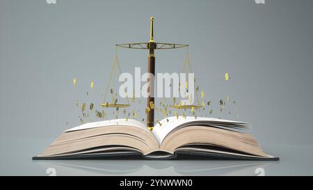 Rechtsstudien - 3D-Illustration. Goldene Skala mit Absätzen und goldene Skala mit offenem Buch und fliegenden Absätzen. 3D-Abbildung. DATENSATZDATUM NICHT S Stockfoto