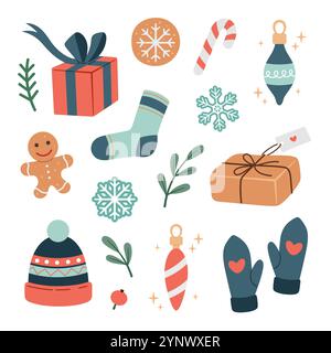 Set mit weihnachtlichen Elementen. Niedliche Weihnachtsdekorationskollektion. Vektor-Illustration mit Tanne, Geschenken, Keksen. Niedliche Weihnachtsdekorationskollektion. Flaches Design, Cartoon-Stil. Stock Vektor