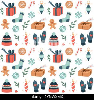 Set mit weihnachtlichen Elementen. Niedliche Weihnachtsdekorationskollektion. Vektor-Illustration mit Tanne, Geschenken, Keksen. Niedliche Weihnachtsdekorationskollektion. Flaches Design, Cartoon-Stil. Stock Vektor