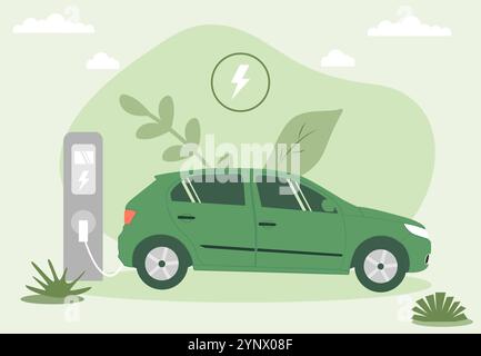 Grünes modernes Elektroauto und Ladegerät für Elektroautos in flachem Stil. Ökologischer Verkehr, Technik und Stromkonzept. Grünes Banner. Stock Vektor