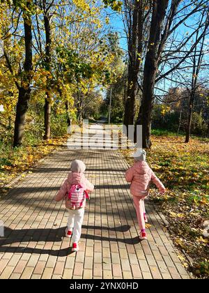 Zwei kleine Kinder laufen an einem sonnigen Herbsttag einen von Bäumen gesäumten Pfad entlang. Sie tragen pinke Jacken und Rucksäcke, umgeben von bunten Blättern, cre Stockfoto