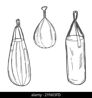 Set aus verschiedenen Boxsack, Boxen, Kritzelstil, Skizzierillustration, handgezeichnet Stock Vektor