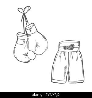 Doodle Vector Set: Boxsportausrüstung und Gegenstände wie Tanktop, Kofferraum, Kampfausrüstung, Handschuhe, Gürtel, Speed Bag usw. Schwarz-weiße Linie illustr Stock Vektor